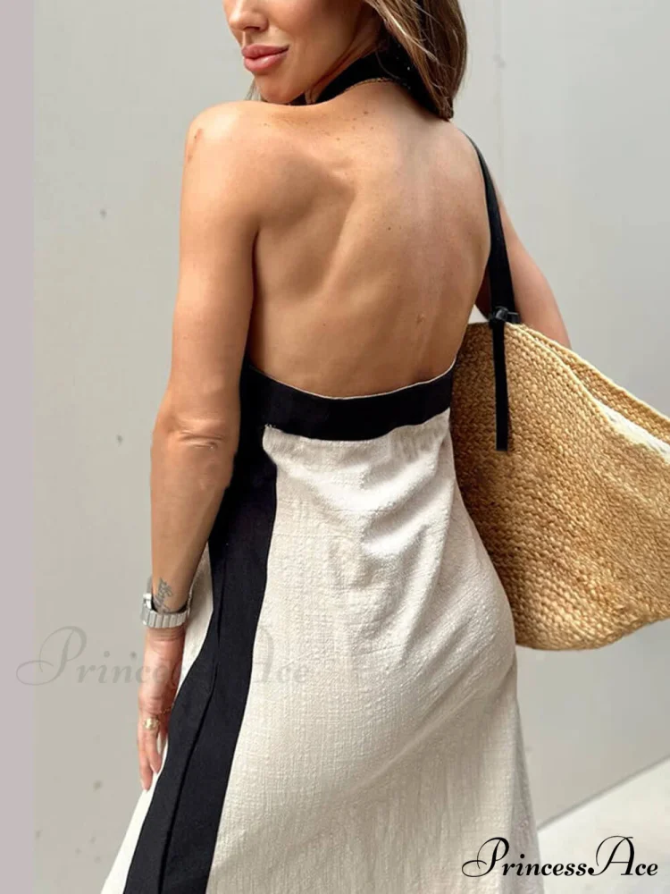 Color Block Halter Charming Neck Slit Maxi Dress - Image 5