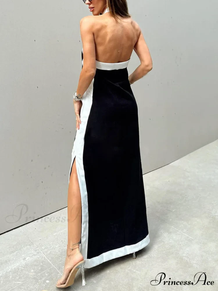 Color Block Halter Charming Neck Slit Maxi Dress - Image 7