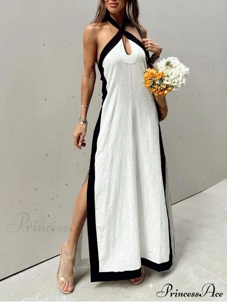 Color Block Halter Charming Neck Slit Maxi Dress - Image 8