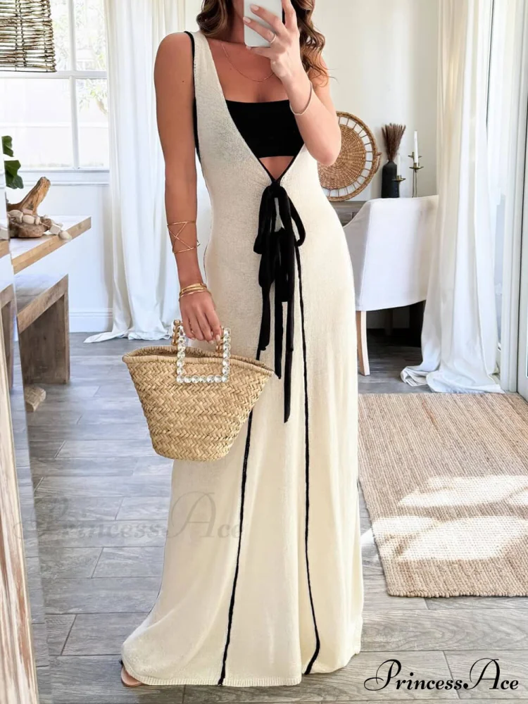 Contrast Color Self-Tie Charming Flowy Oversized Maxi Dress - Image 2