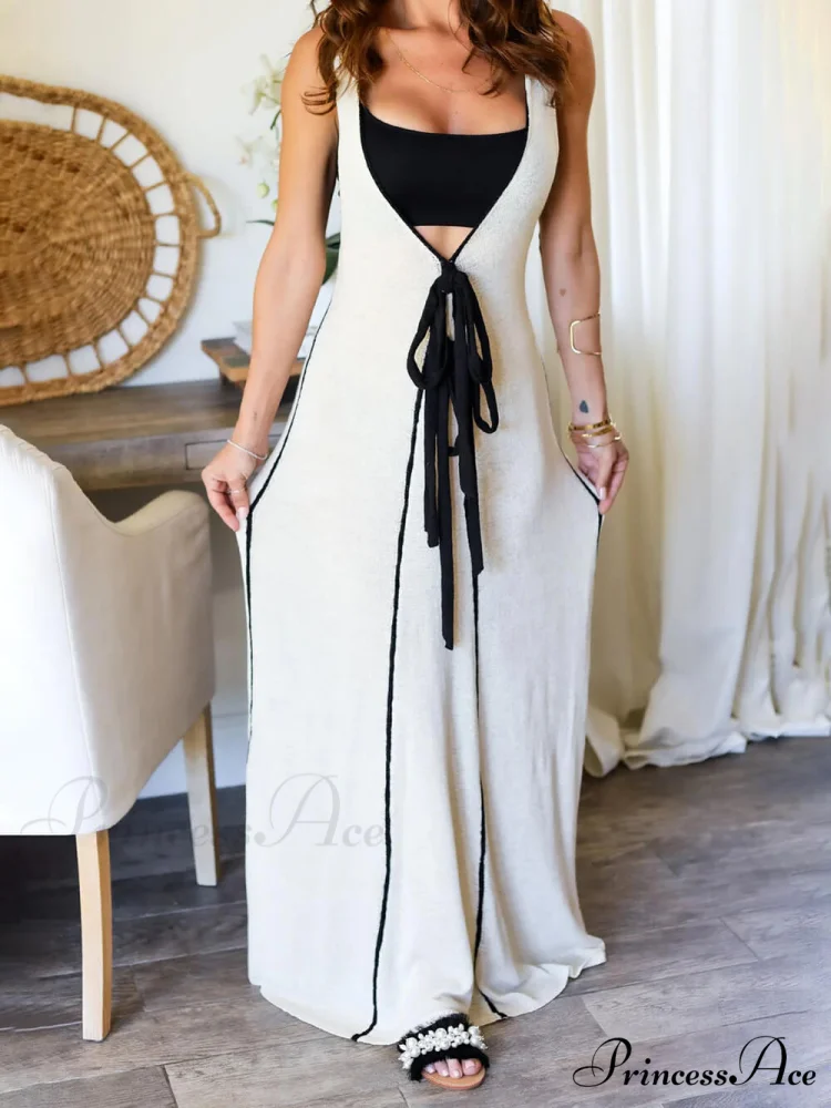 Contrast Color Self-Tie Charming Flowy Oversized Maxi Dress - Image 3