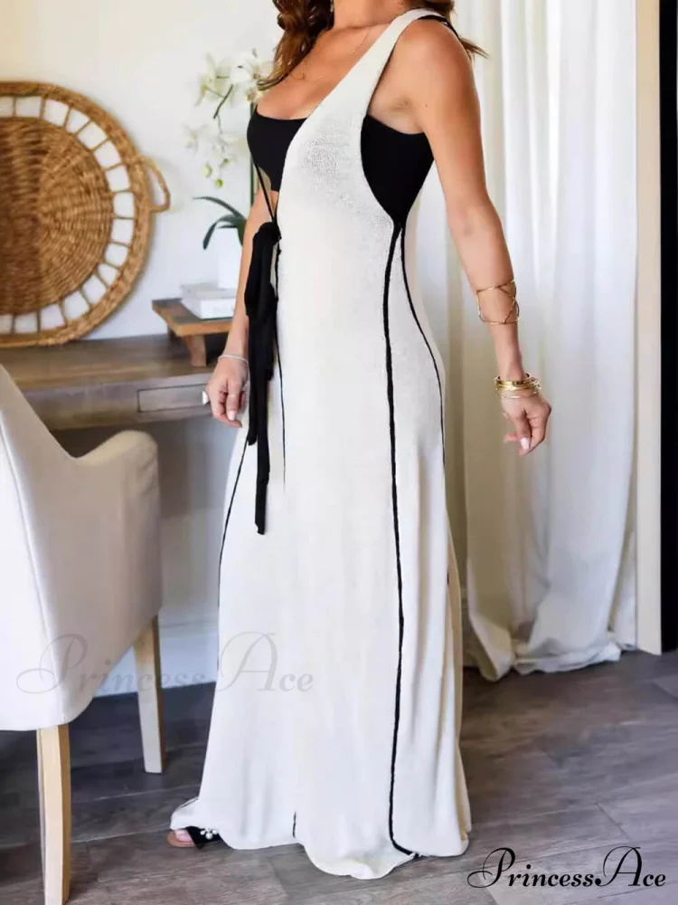 Contrast Color Self-Tie Charming Flowy Oversized Maxi Dress - Image 5