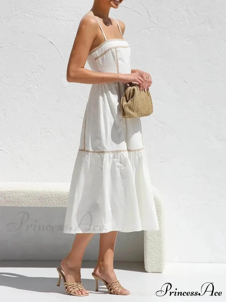 Contrast Color Trim Charming Adjustable Straps Midi Dress - Image 2