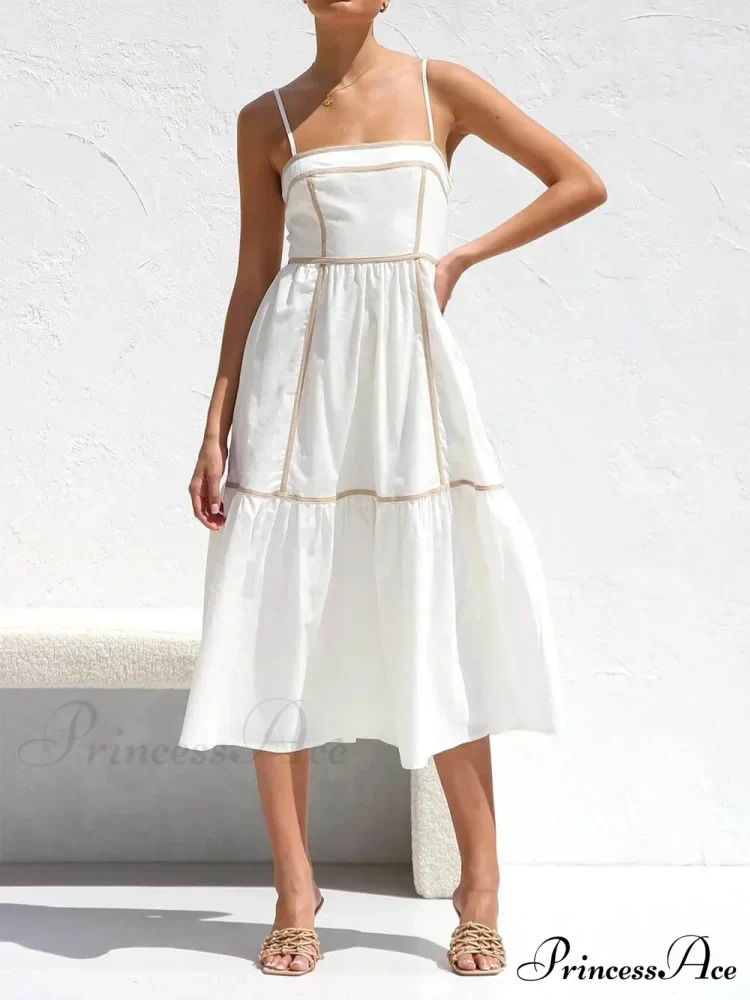 Contrast Color Trim Charming Adjustable Straps Midi Dress - Image 3