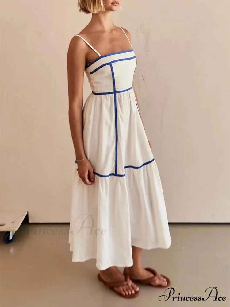 Contrast Color Trim Charming Adjustable Straps Midi Dress - Image 6