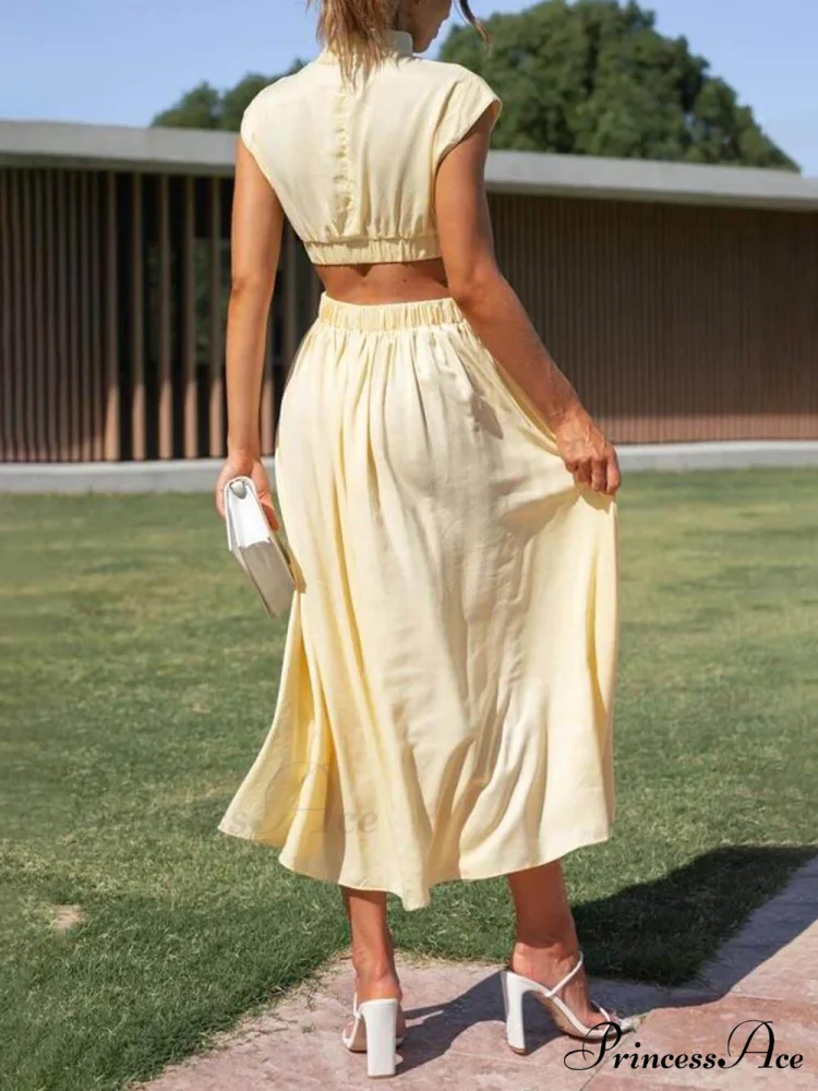 Cutout Waist Pocketed Charming Vacation Midi Dress - Image 12