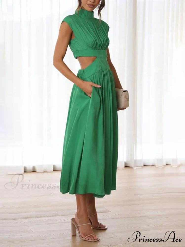 Cutout Waist Pocketed Charming Vacation Midi Dress - Image 2