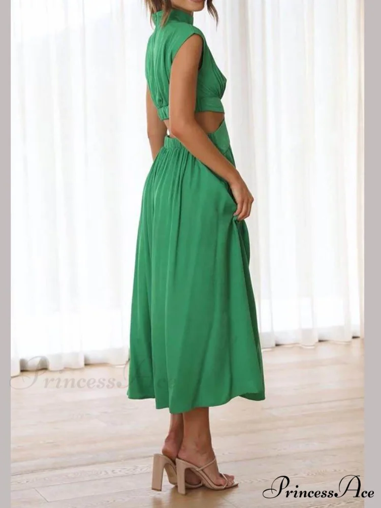 Cutout Waist Pocketed Charming Vacation Midi Dress - Image 3