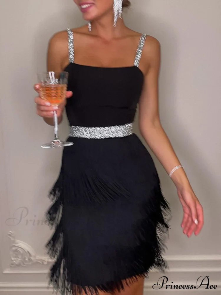 Date And Dinner Socialite Graceful Style Suspender Fringe Mini Dress - Image 2