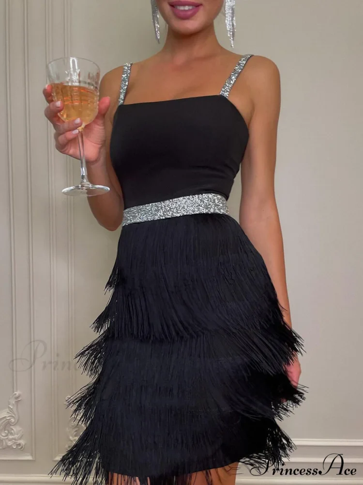 Date And Dinner Socialite Graceful Style Suspender Fringe Mini Dress - Image 3
