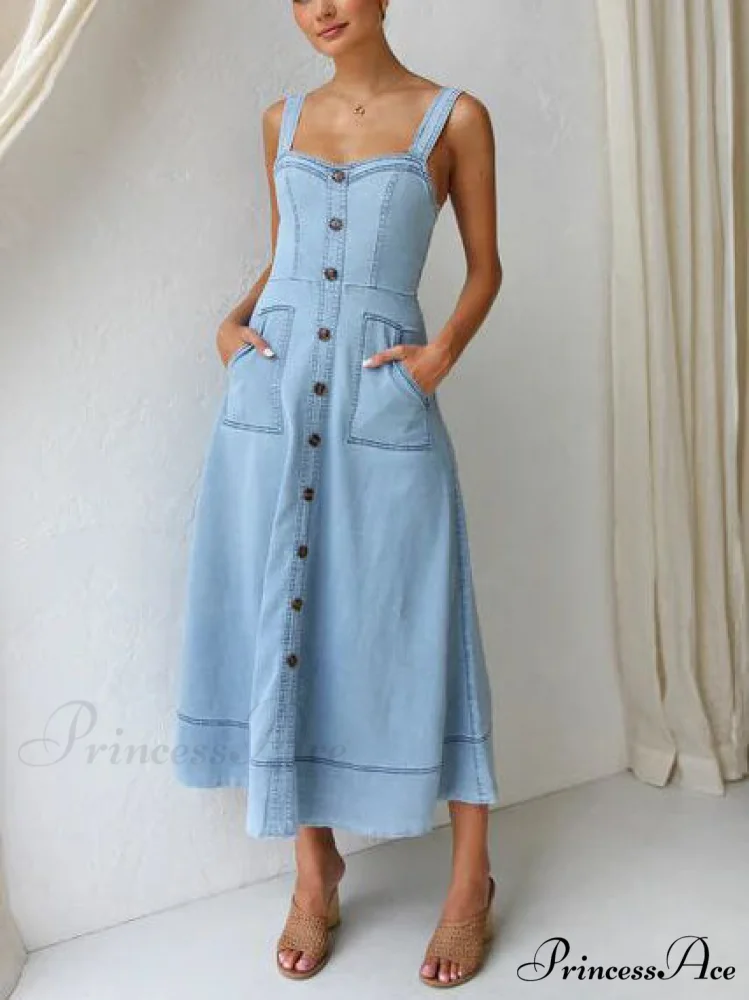 Denim Suspender Casual Charming Button Midi Dress - Image 2