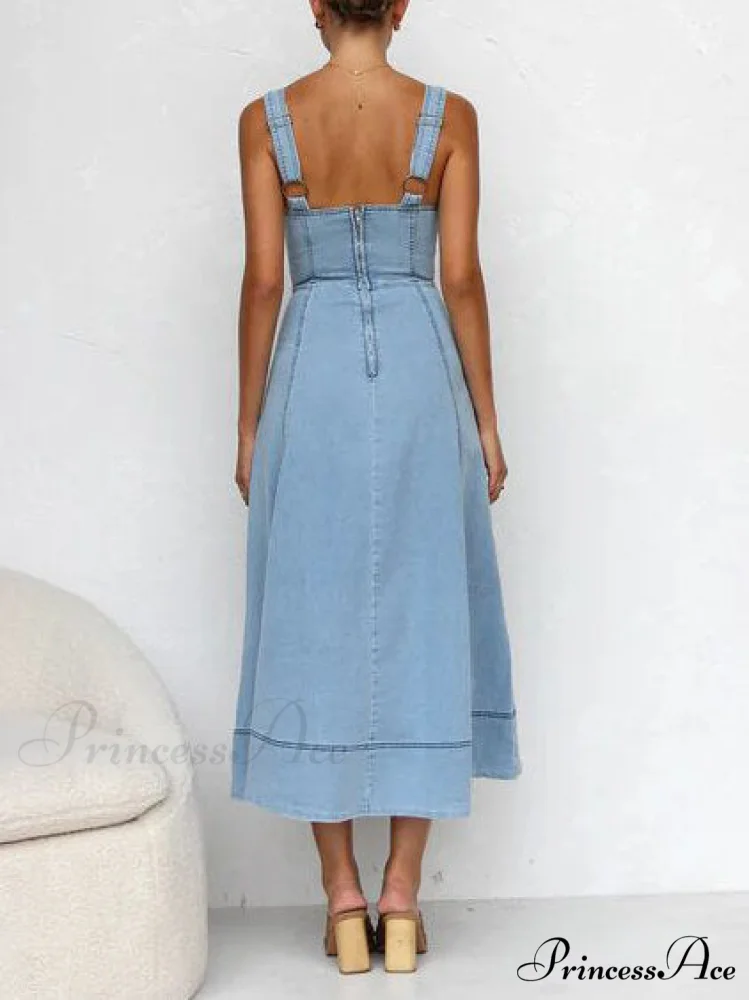 Denim Suspender Casual Charming Button Midi Dress - Image 3