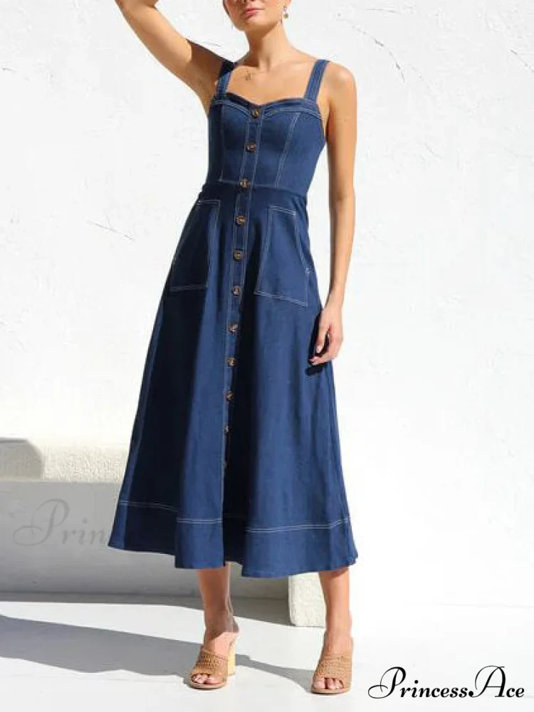 Denim Suspender Casual Charming Button Midi Dress - Image 4