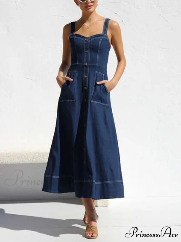 Denim Suspender Casual Charming Button Midi Dress - Image 5