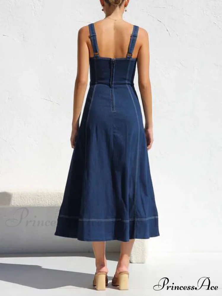 Denim Suspender Casual Charming Button Midi Dress - Image 6