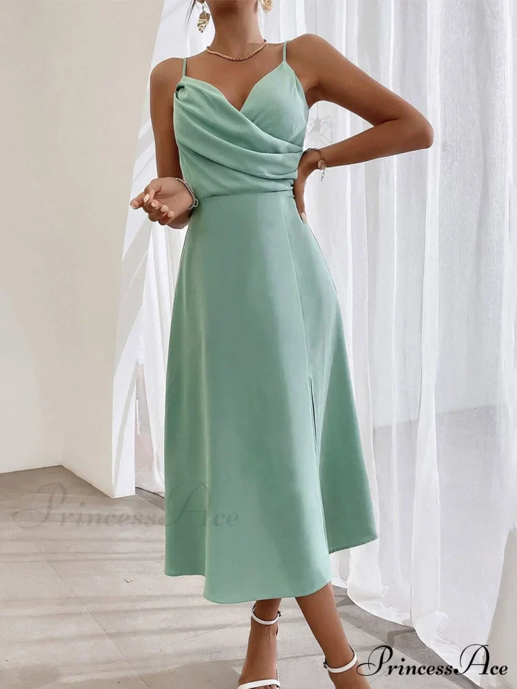 Elegant Spaghetti Strap Charming Pleated Leg Slit Dress - Image 3