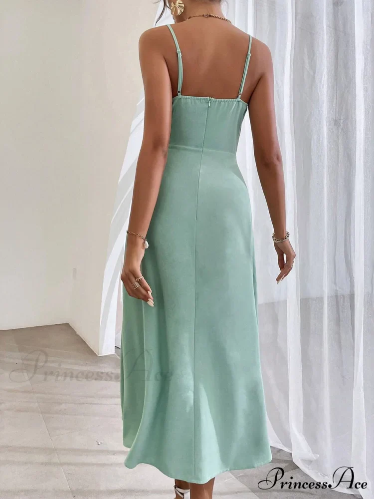 Elegant Spaghetti Strap Charming Pleated Leg Slit Dress - Image 4