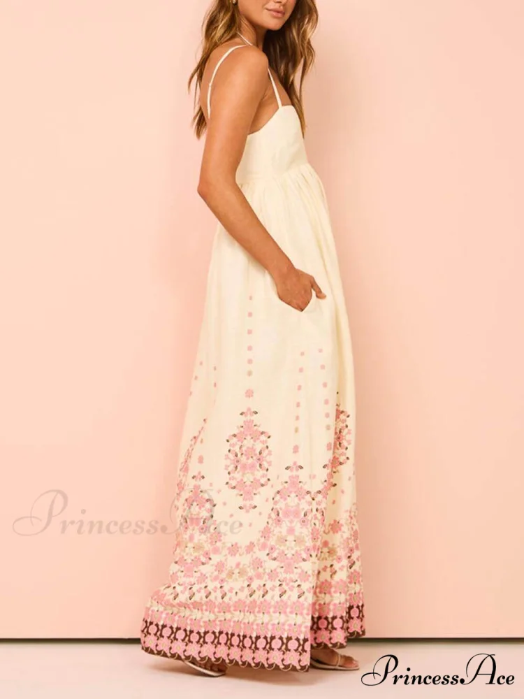 Ethnic Print Halter Charming Cream Extra Maxi Dress - Image 4
