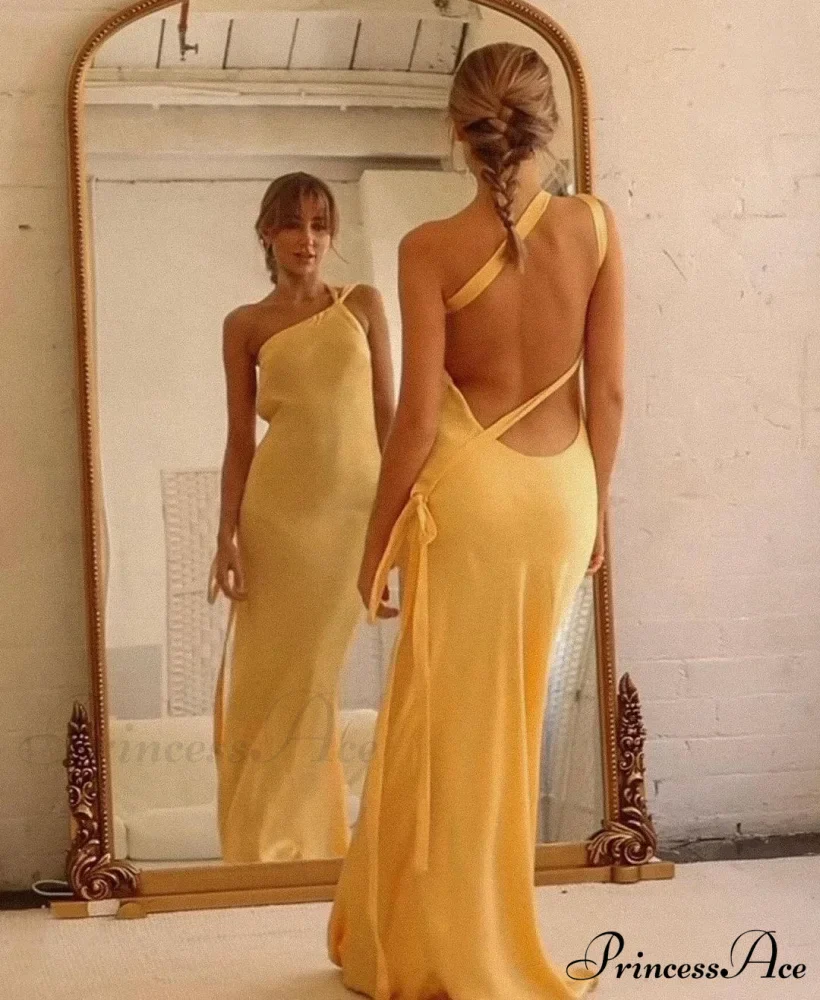 Moonlit Soiree Satin Asymmetrical One Trendy Shouder Backless Strap Maxi Dress - Image 4