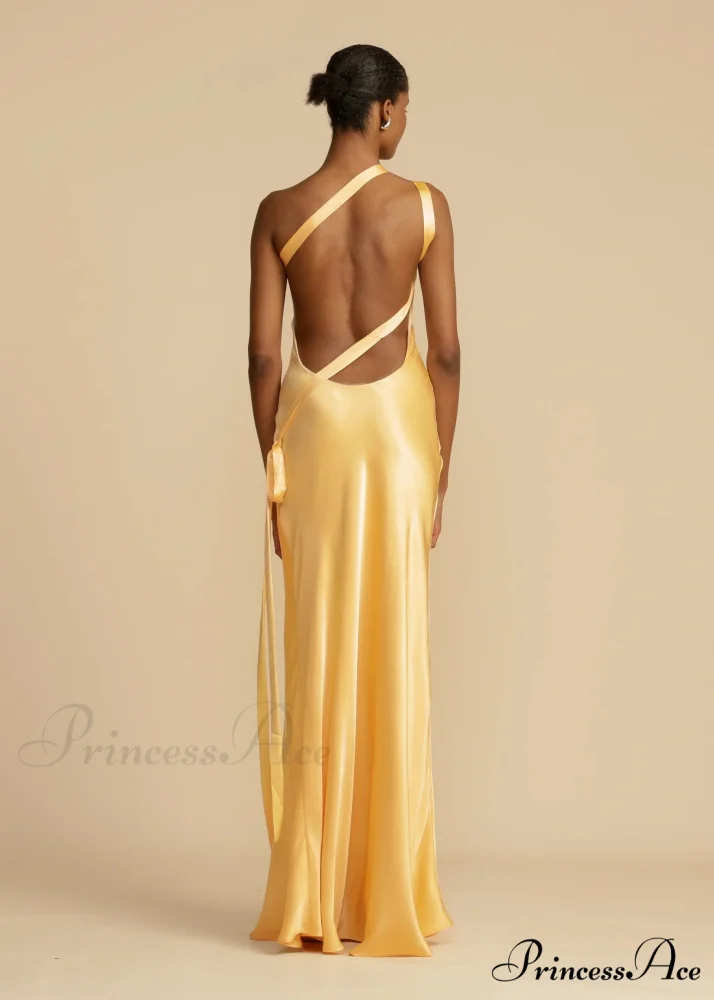 Moonlit Soiree Satin Asymmetrical One Trendy Shouder Backless Strap Maxi Dress - Image 6