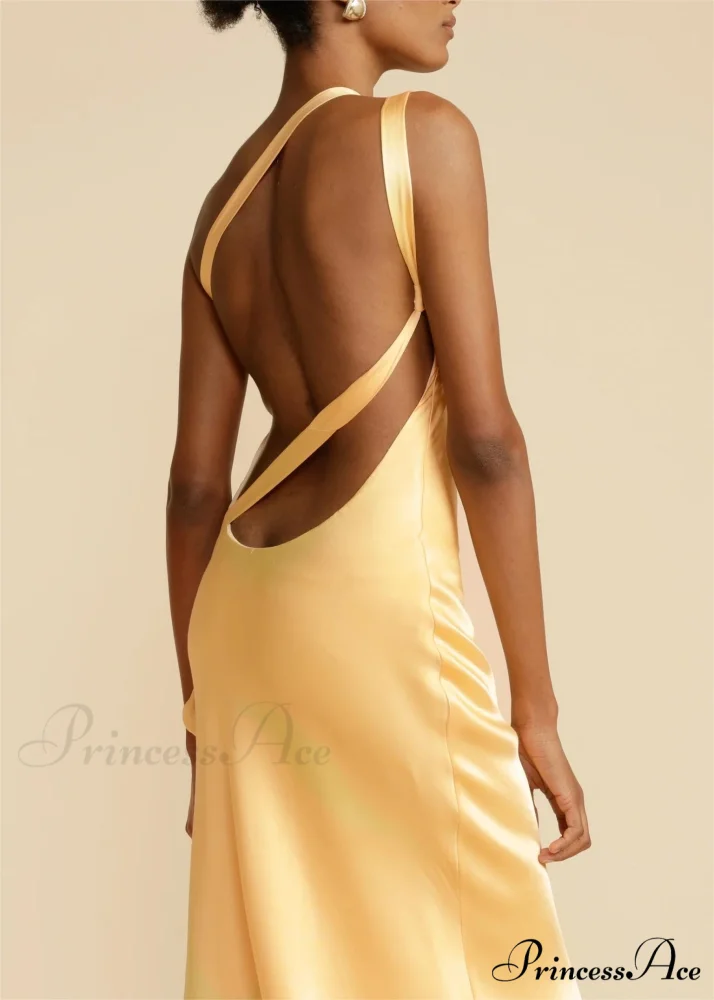 Moonlit Soiree Satin Asymmetrical One Trendy Shouder Backless Strap Maxi Dress - Image 7