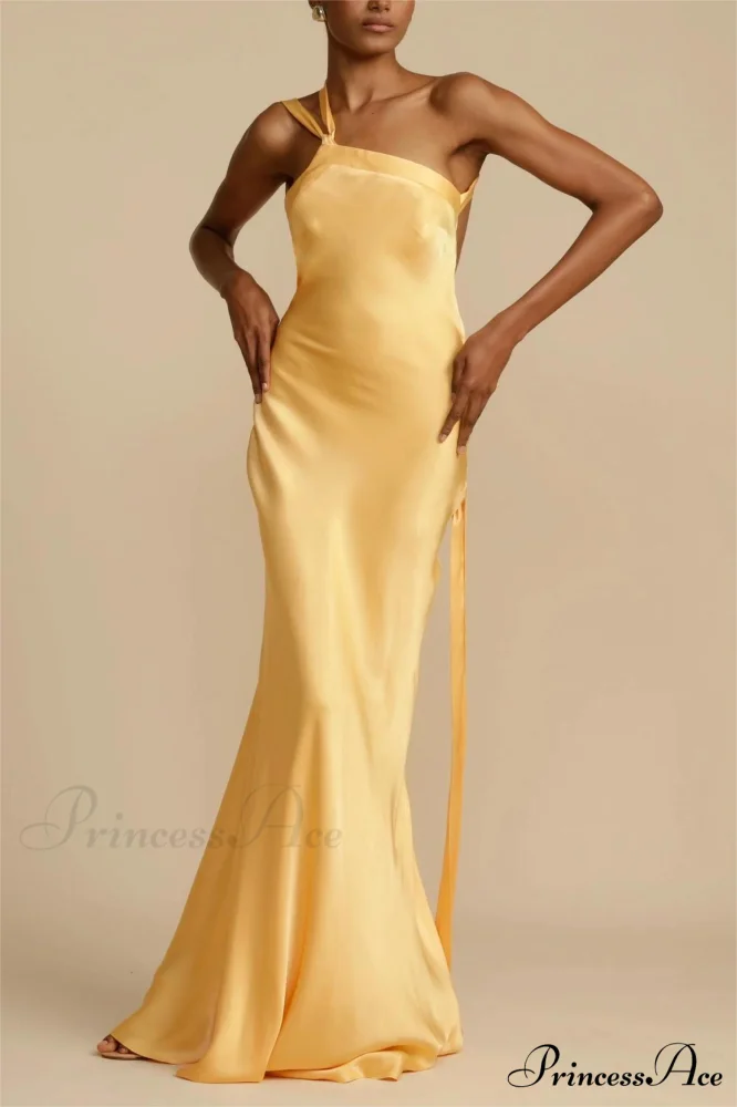 Moonlit Soiree Satin Asymmetrical One Trendy Shouder Backless Strap Maxi Dress - Image 9