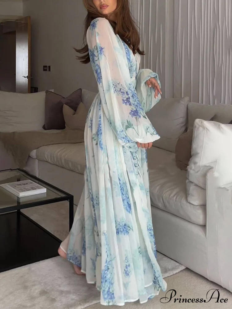 Ocean Flower Chiffon Floral Graceful Drawstring Waist Maxi Dress - Image 2