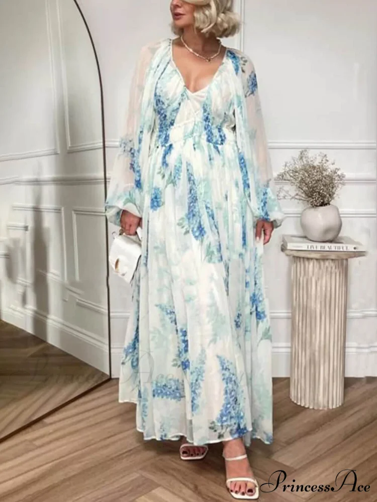 Ocean Flower Chiffon Floral Graceful Drawstring Waist Maxi Dress - Image 3