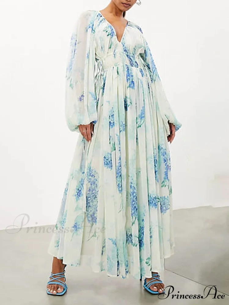 Ocean Flower Chiffon Floral Graceful Drawstring Waist Maxi Dress - Image 4