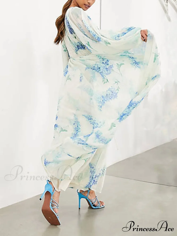 Ocean Flower Chiffon Floral Graceful Drawstring Waist Maxi Dress - Image 5