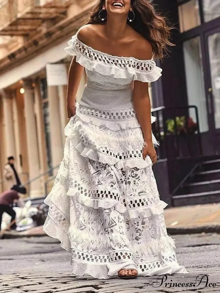 One-Shoulder Ruffled Hollow Swing Graceful Lace Patchwork Long Dress - Image 2