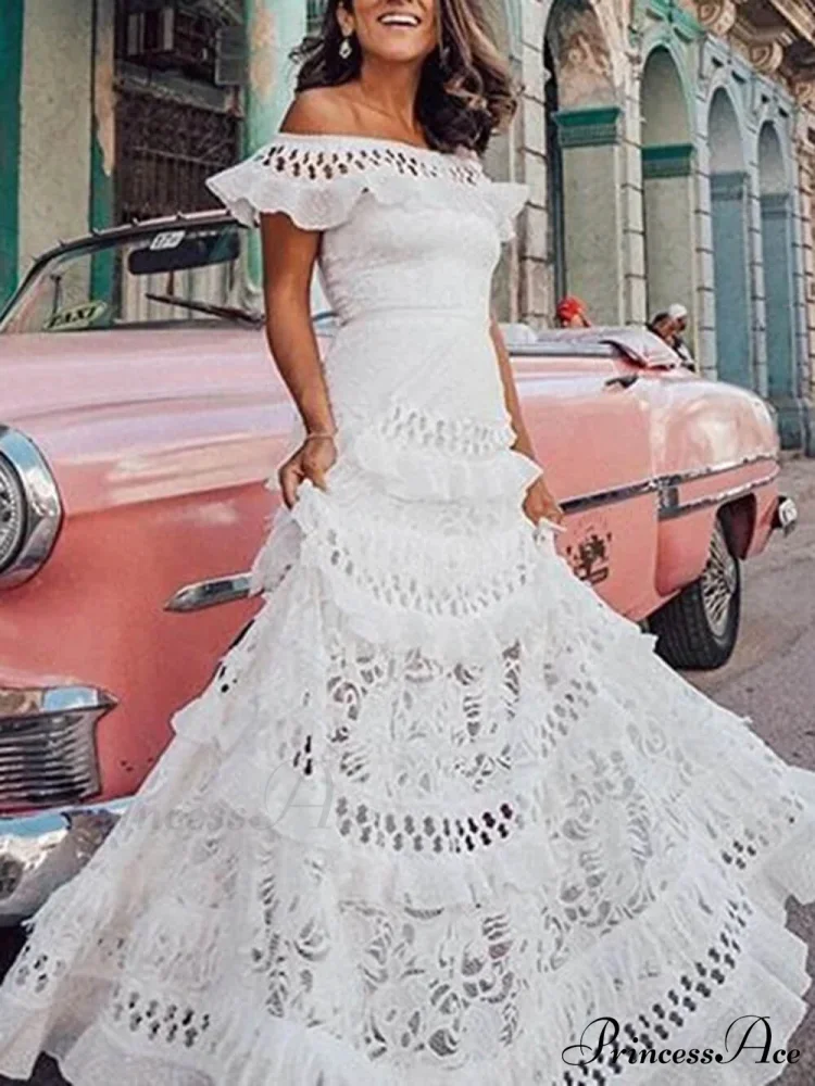 One-Shoulder Ruffled Hollow Swing Graceful Lace Patchwork Long Dress - Image 4