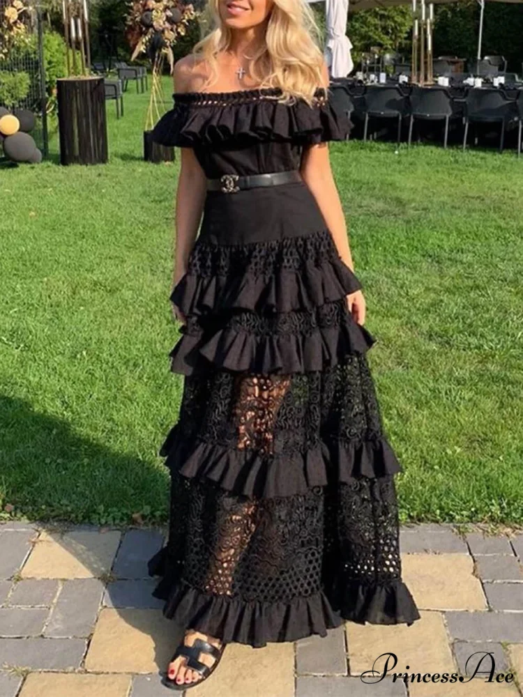 One-Shoulder Ruffled Hollow Swing Graceful Lace Patchwork Long Dress - Image 5