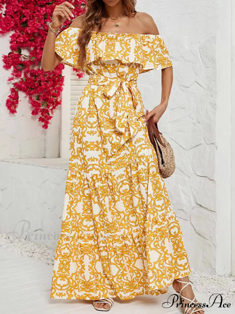 One-Shoulder Short-Sleeve Printed Charming Ruffle Maxi Dress - Image 2