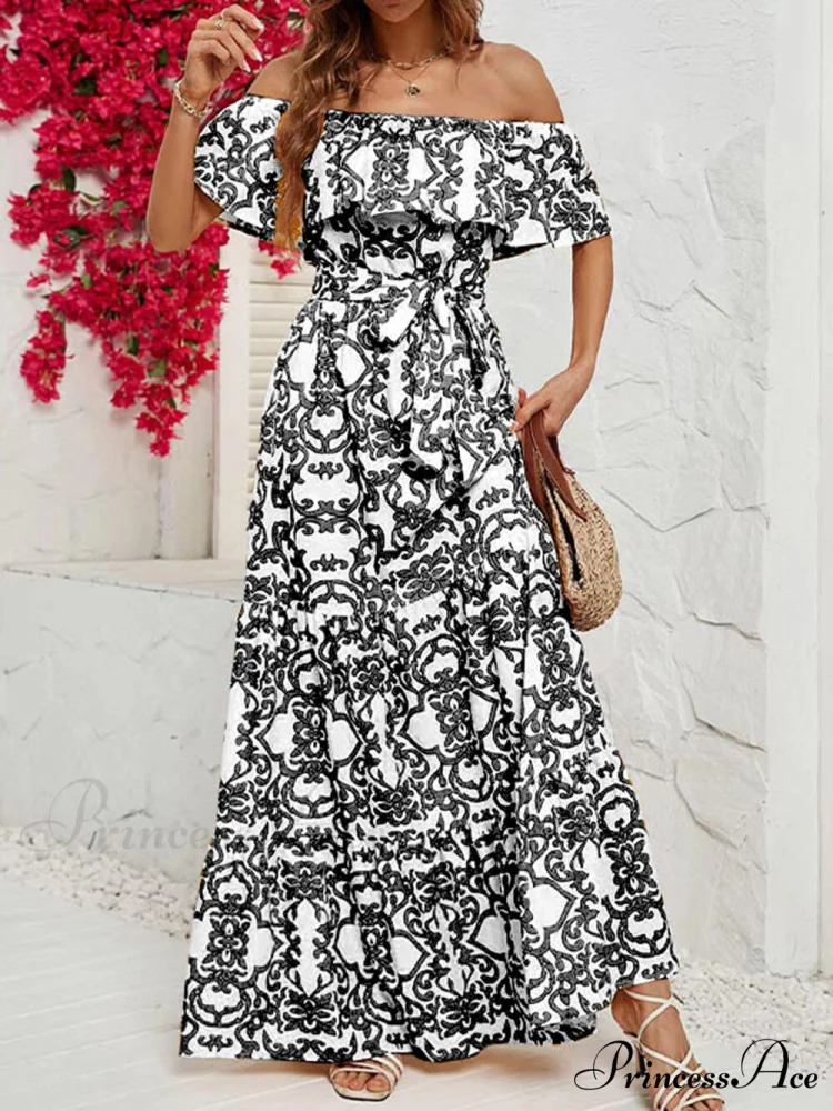 One-Shoulder Short-Sleeve Printed Charming Ruffle Maxi Dress - Image 3