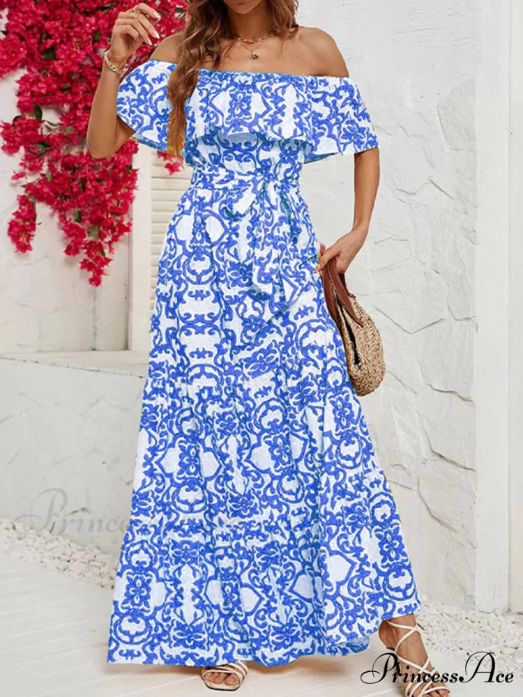 One-Shoulder Short-Sleeve Printed Charming Ruffle Maxi Dress - Image 4