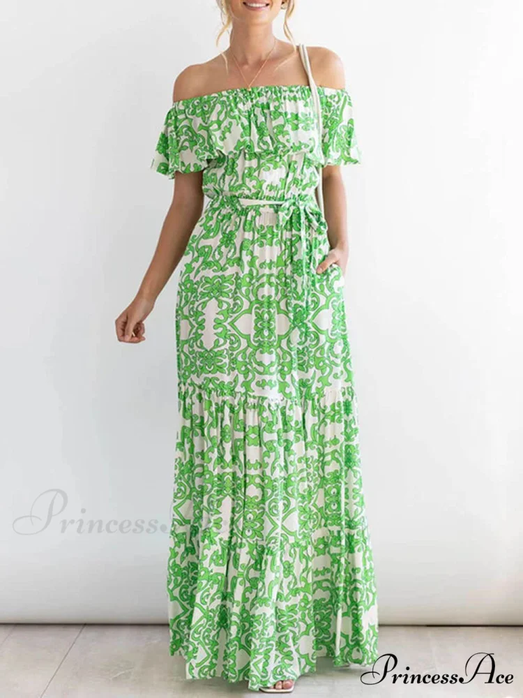 One-Shoulder Short-Sleeve Printed Charming Ruffle Maxi Dress - Image 5