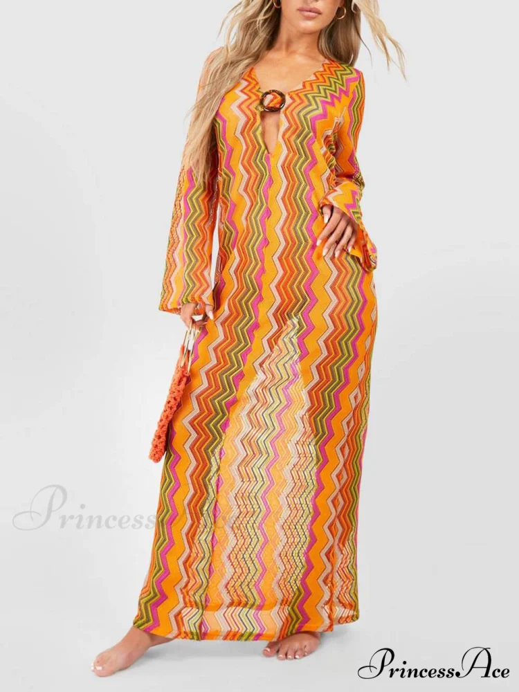 Orange Soda Stripe Print O-Ring Trendy Long Sleeve Beach Maxi Dress - Image 2