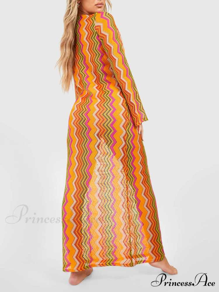 Orange Soda Stripe Print O-Ring Trendy Long Sleeve Beach Maxi Dress - Image 3