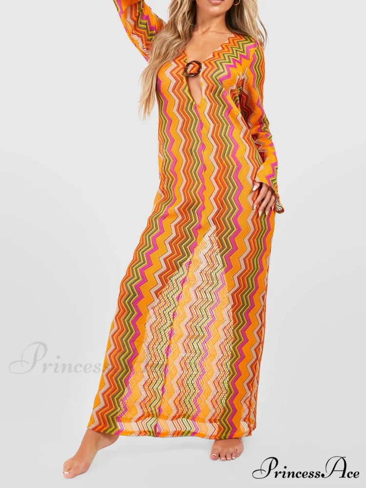 Orange Soda Stripe Print O-Ring Trendy Long Sleeve Beach Maxi Dress - Image 4