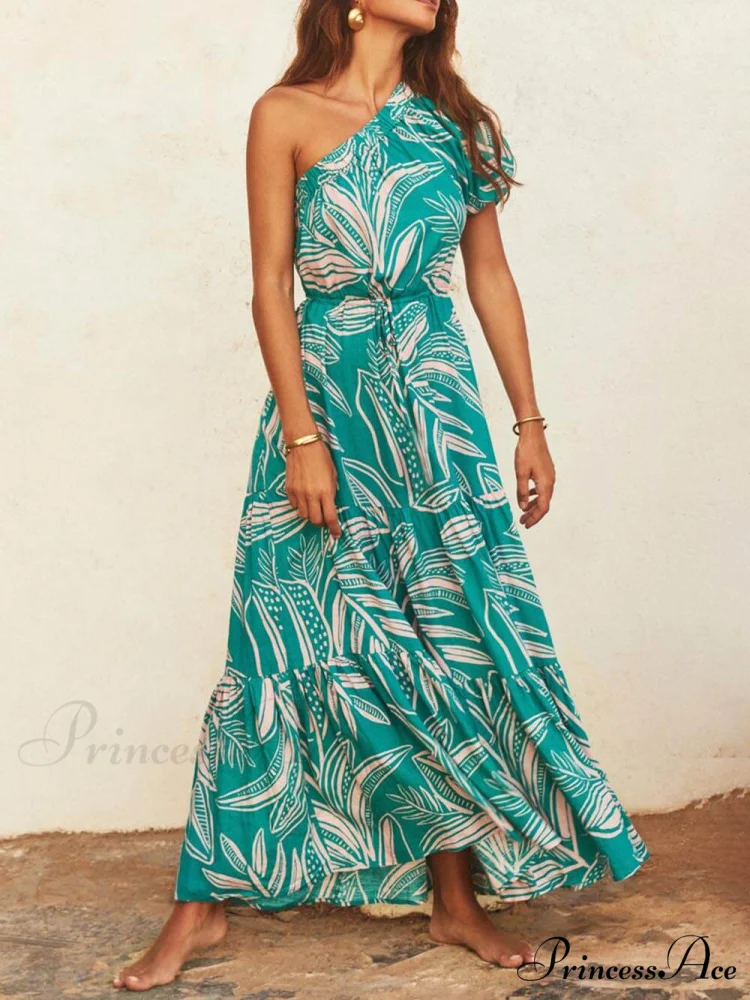 Palm Leaf Print Off-Shoulder Graceful Holiday Style Floral Dress - Image 2