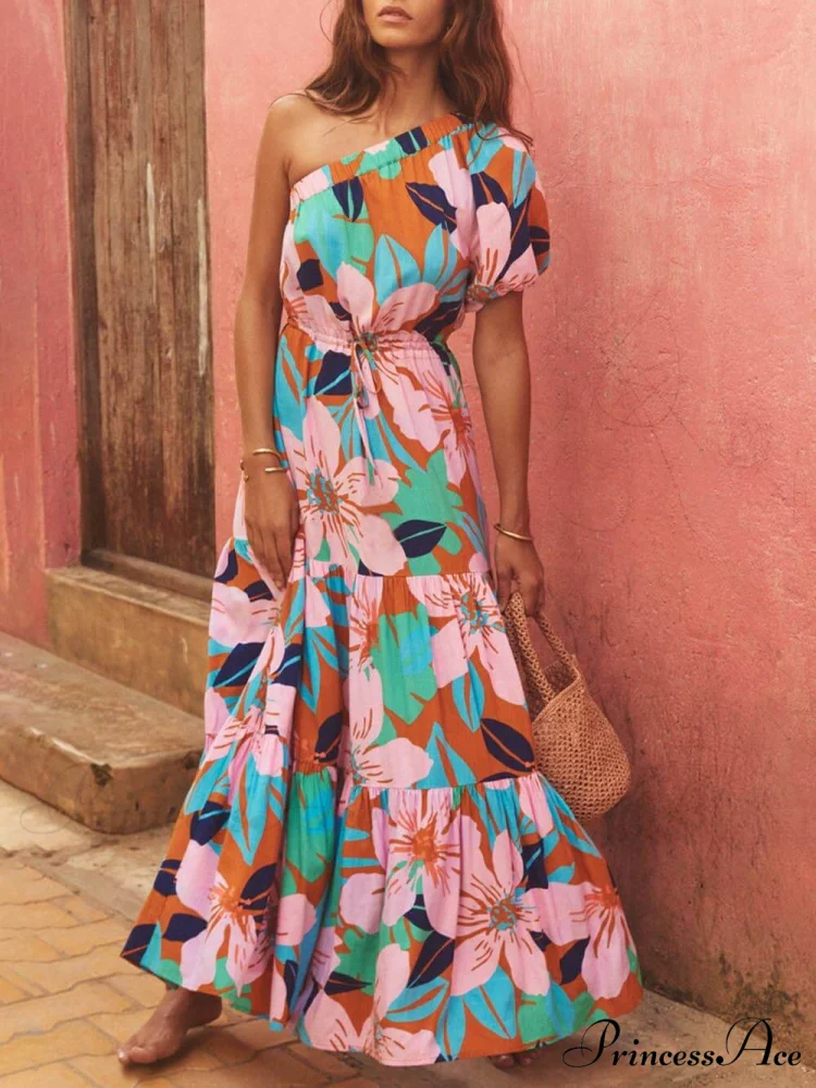 Palm Leaf Print Off-Shoulder Graceful Holiday Style Floral Dress - Image 3