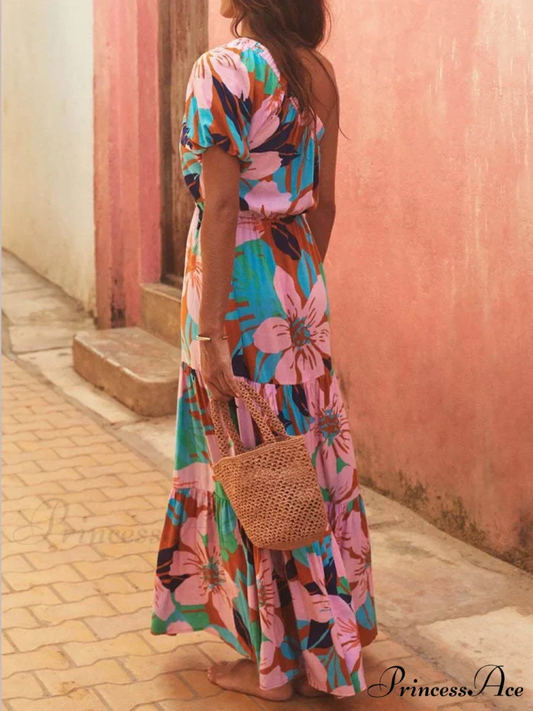Palm Leaf Print Off-Shoulder Graceful Holiday Style Floral Dress - Image 4