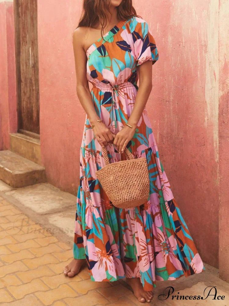 Palm Leaf Print Off-Shoulder Graceful Holiday Style Floral Dress - Image 5