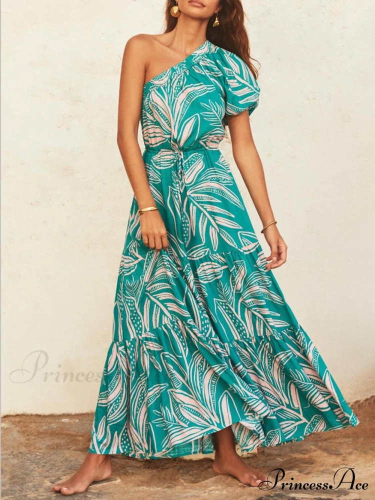 Palm Leaf Print Off-Shoulder Graceful Holiday Style Floral Dress - Image 6