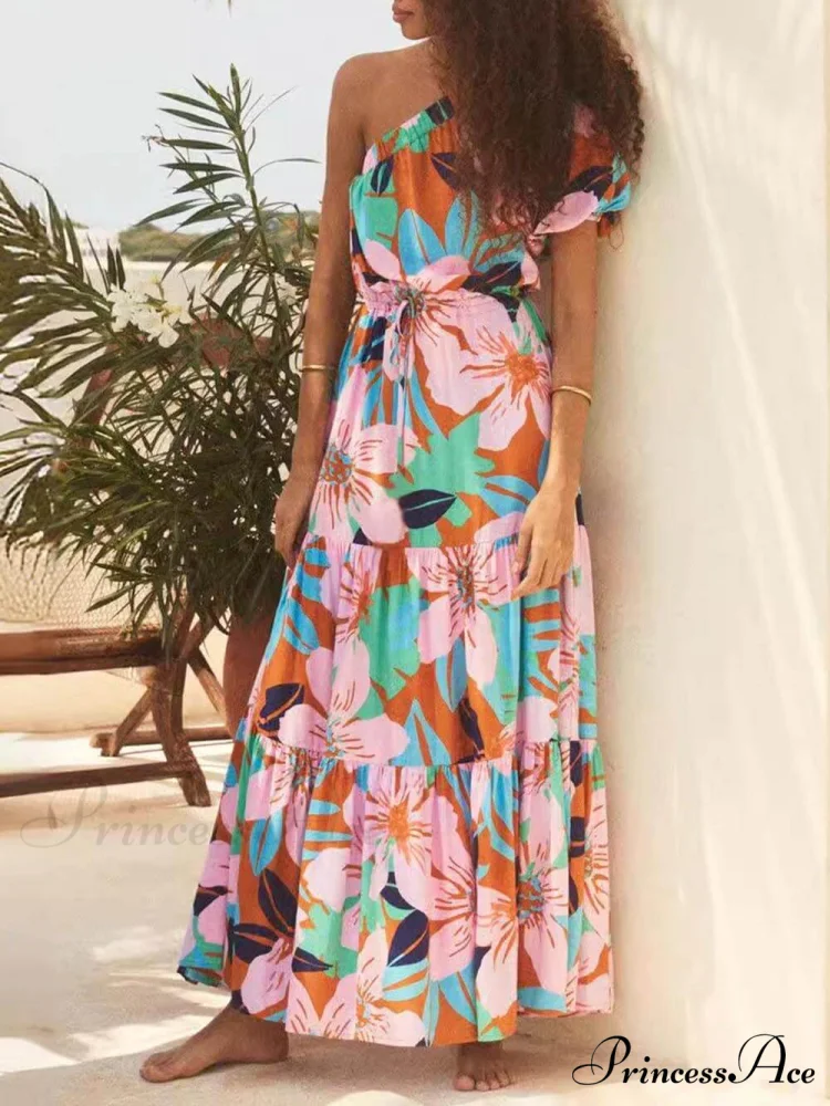 Palm Leaf Print Off-Shoulder Graceful Holiday Style Floral Dress - Image 7