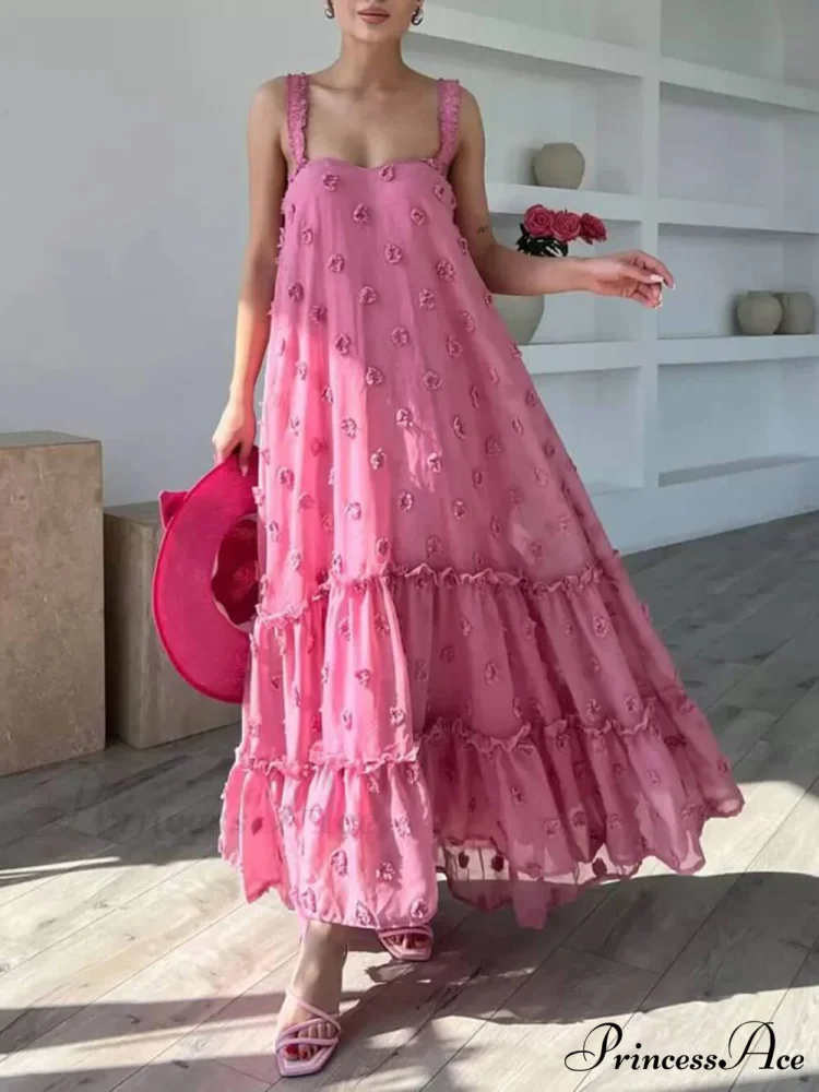 Pretty Flower Decor A-Line Graceful Layered Loose Maxi Dress - Image 5