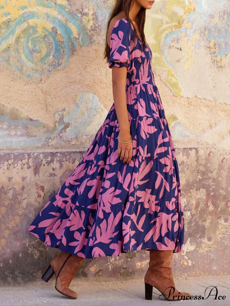 Puff Sleeve Square Charming Neck Printed Midi Dress - Image 2