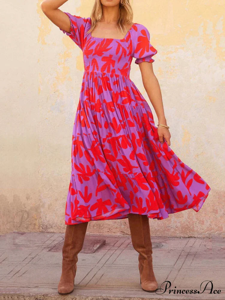 Puff Sleeve Square Charming Neck Printed Midi Dress - Image 4