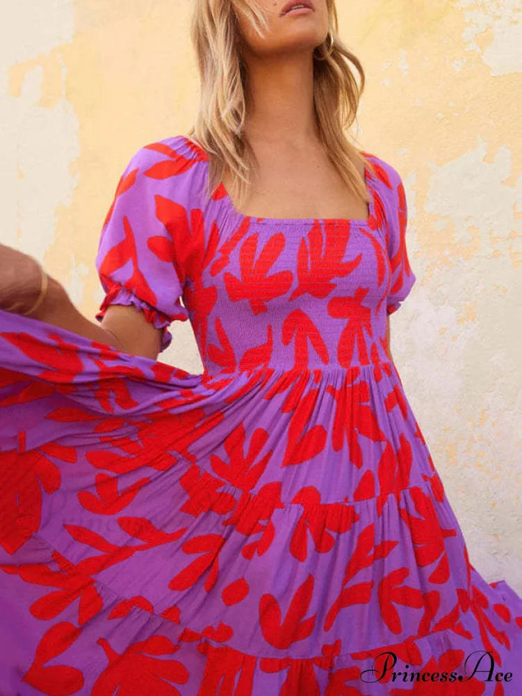 Puff Sleeve Square Charming Neck Printed Midi Dress - Image 5